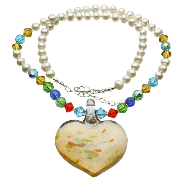 Yellow Murano-style Style Glass Heart Freshwater Cultured Pearl Necklace  