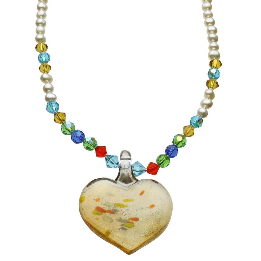 Yellow Murano-style Style Glass Heart Freshwater Cultured Pearl Necklace  