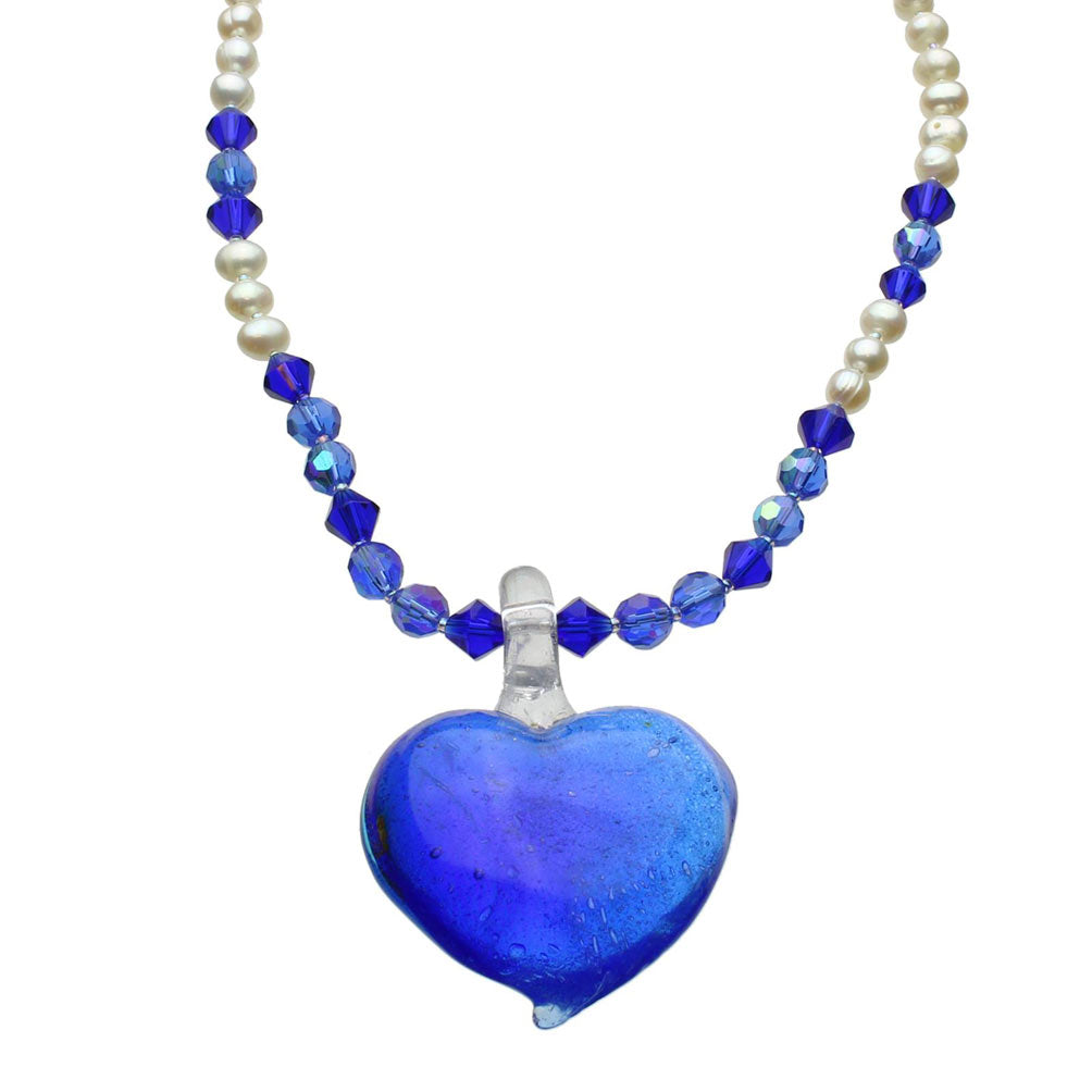 Murano-style Style Glass Heart Freshwater Cultured Pearl Necklace 18 inches+2 inches