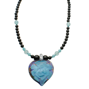 Aqua Murano-style Glass Heart Black Onyx Stone Sterling Silver Necklace 18 inches+2 inches