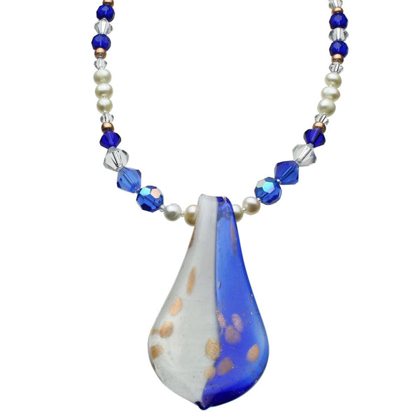 Murano-style Style Glass Leaf Tie Freshwater Cultured Pearl Necklace