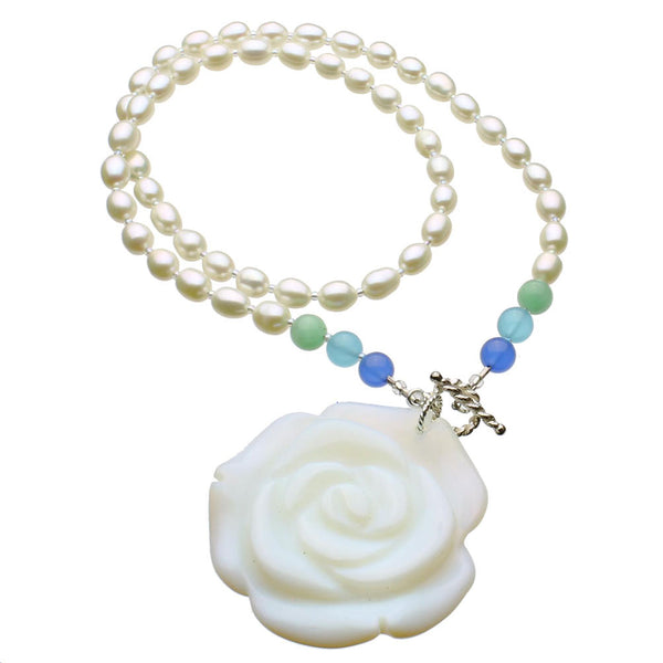 Opalite Glass Carved Flower Freshwater Cultured Pearl Lariat Necklace, 18 inches