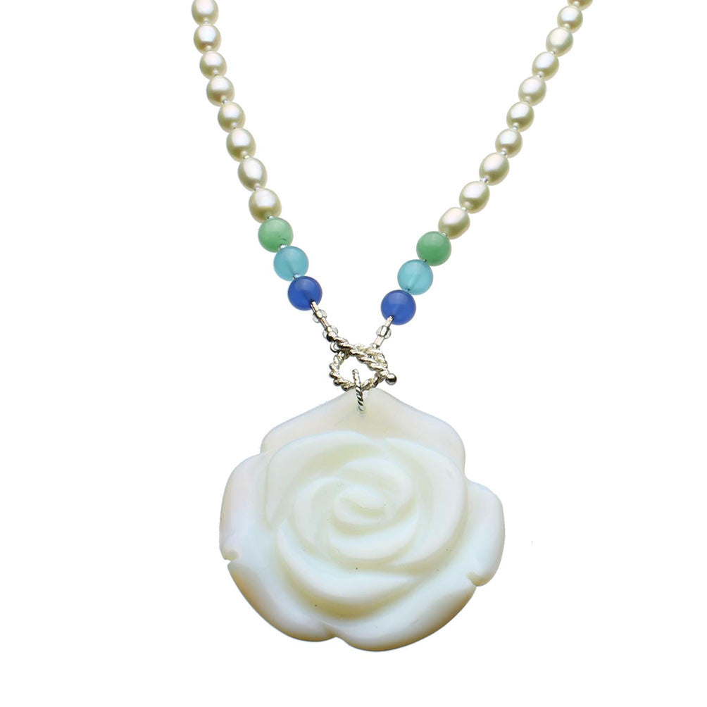 Opalite Glass Carved Flower Freshwater Cultured Pearl Lariat Necklace, 18 inches