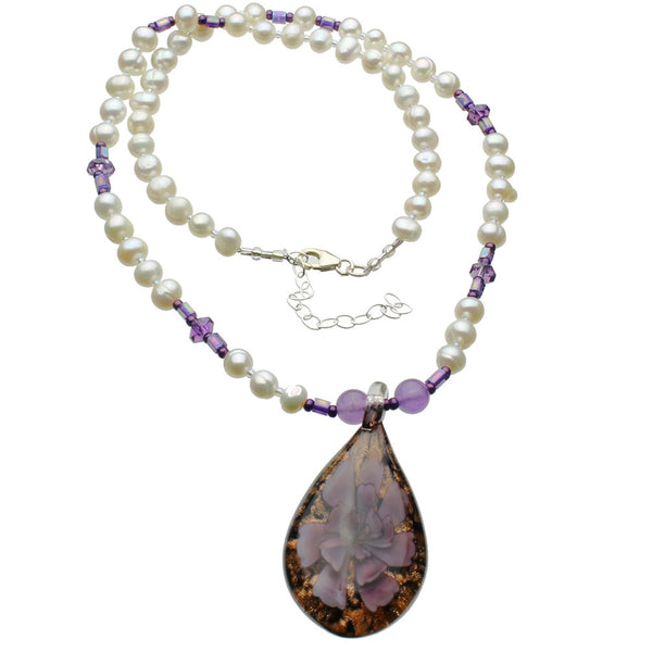 Lavender Murano-style Glass Flower Leaf Tie Freshwater Cultured Pearl Necklace 18 inches+2 inches