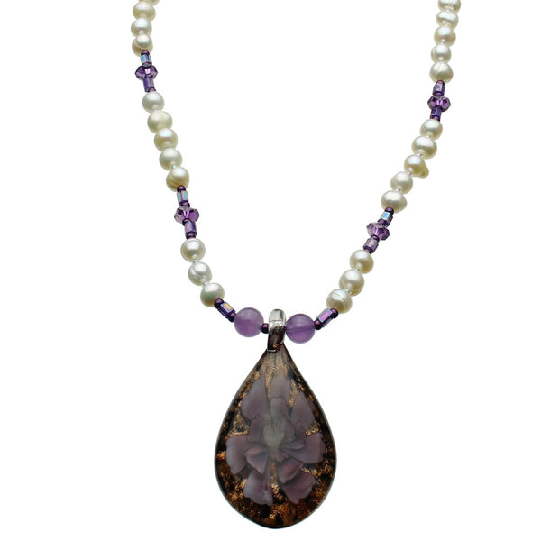 Lavender Murano-style Glass Flower Leaf Tie Freshwater Cultured Pearl Necklace 18 inches+2 inches