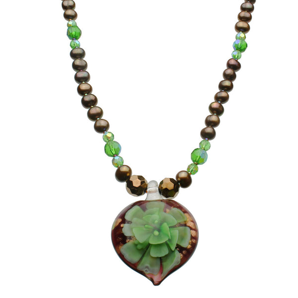 Green Murano-style Glass Flower Freshwater Cultured Pearl Necklace 17.5 inches+2 inches