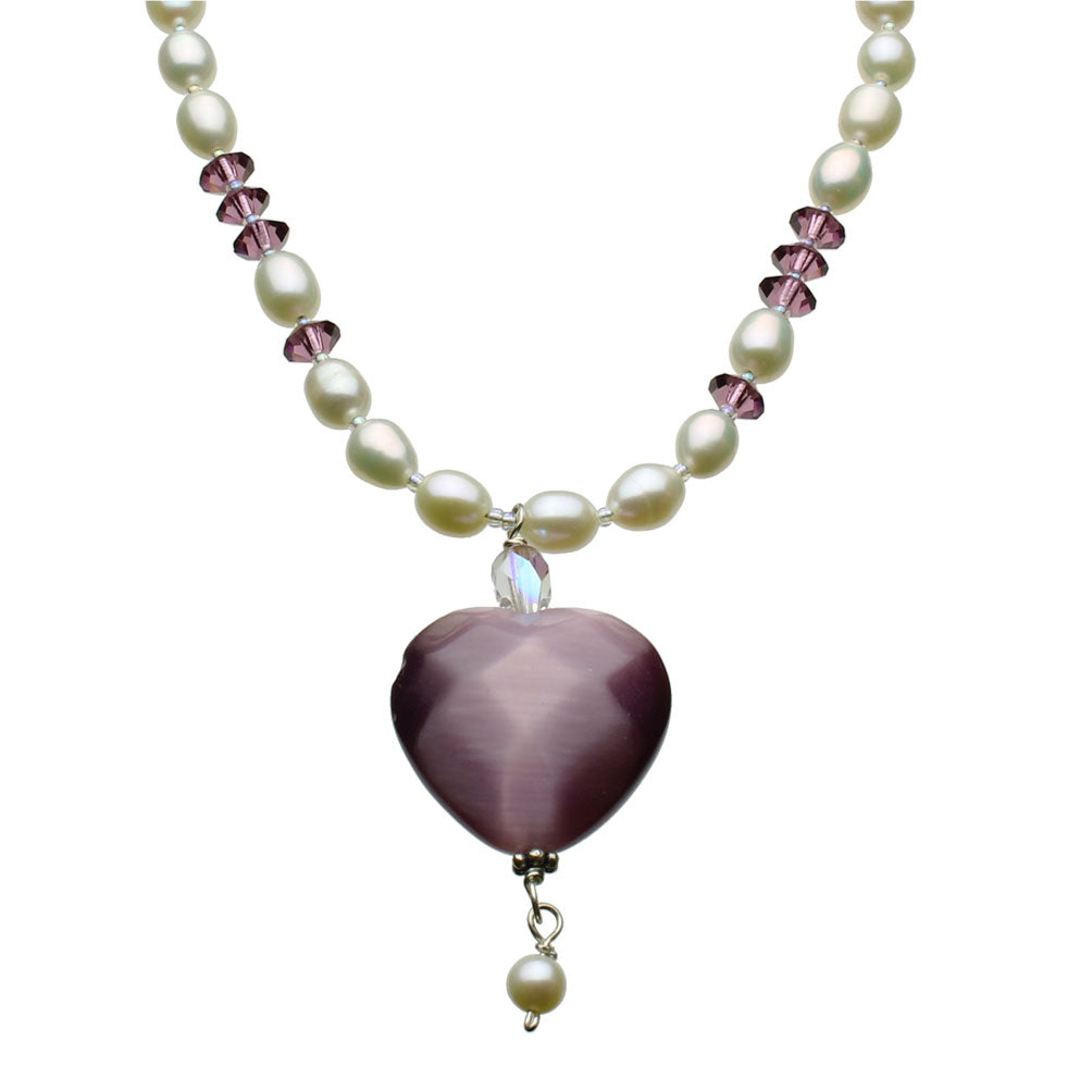 Faceted Lavender Glass Heart Freshwater Cultured Pearl Necklace 18 inches+2 inches