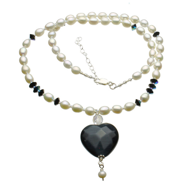 Faceted Black Glass Heart Freshwater Cultured Pearl Necklace 18 inches+2 inches