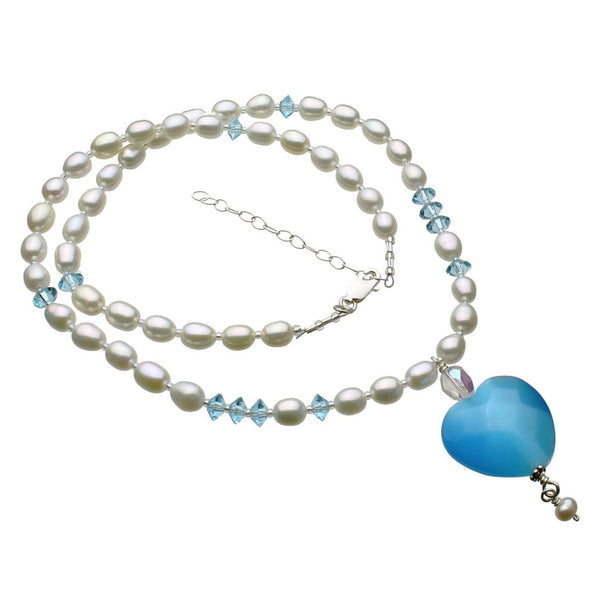 Faceted Aqua Glass Heart Freshwater Cultured Pearl Necklace 18 inches+2 inches Ext