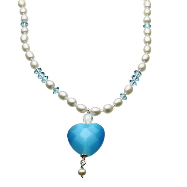 Faceted Aqua Glass Heart Freshwater Cultured Pearl Necklace 18 inches+2 inches Ext