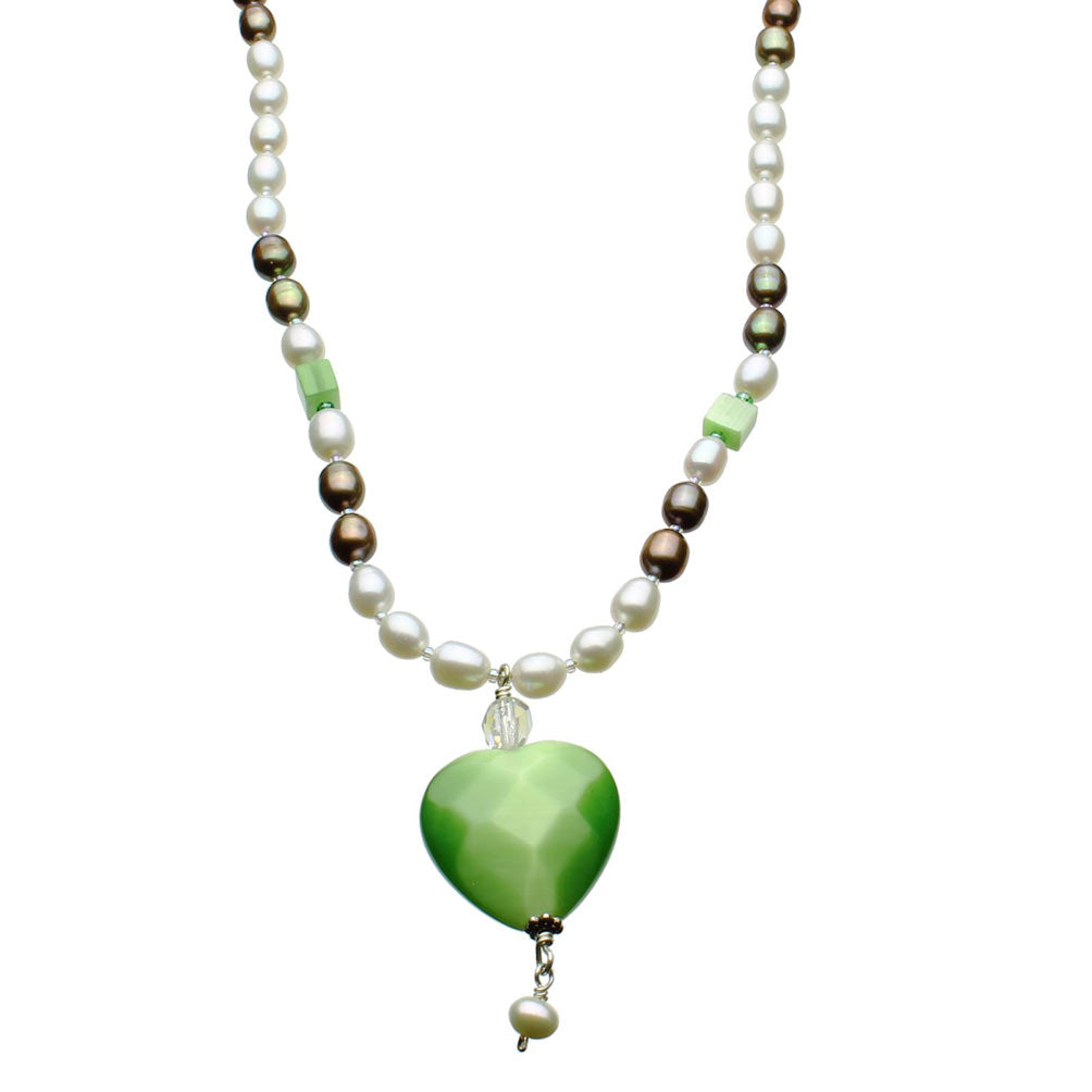 Faceted Lime Green Glass Heart Freshwater Cultured Pearl Necklace 18 inches+2 inches