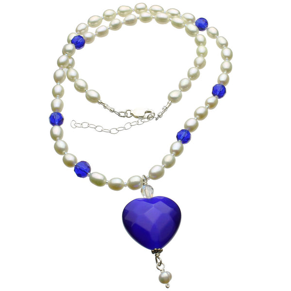 Faceted Blue Glass Heart Freshwater Cultured Pearl Necklace 18 inches+2 inches