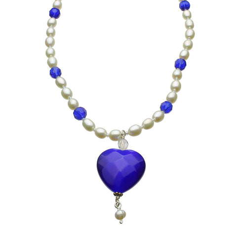 Faceted Blue Glass Heart Freshwater Cultured Pearl Necklace 18 inches+2 inches