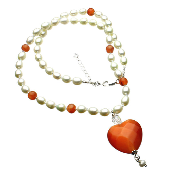 Faceted Orange Glass Heart Freshwater Cultured Pearl Necklace 18 inches+2 inches