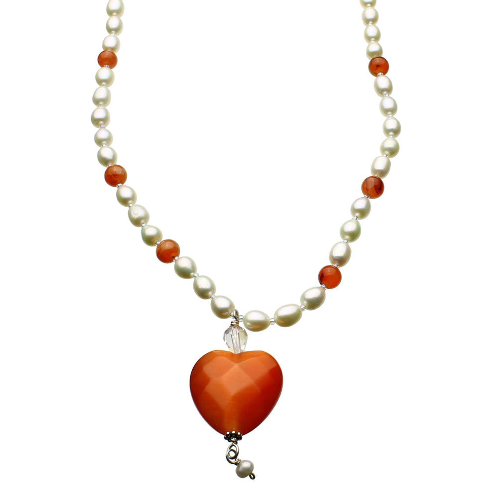 Faceted Orange Glass Heart Freshwater Cultured Pearl Necklace 18 inches+2 inches