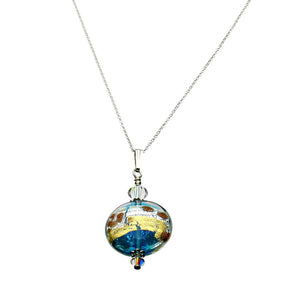 Sterling Silver Aqua Murano-style Glass Coin Pendant Cable Chain Necklace 18 inches