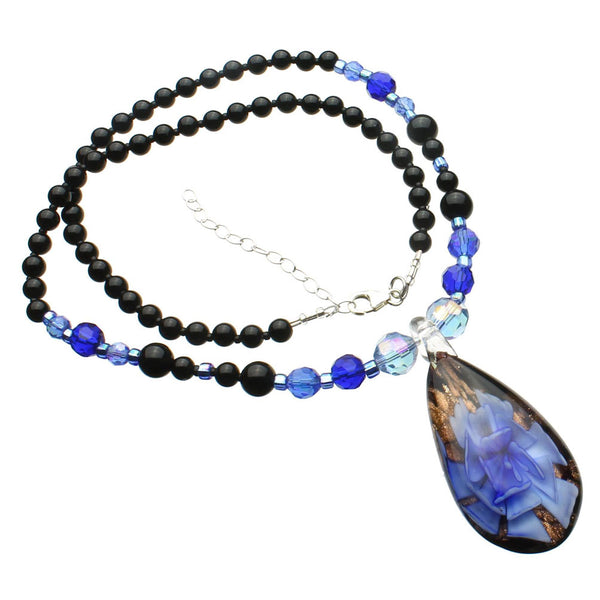 Blue Murano-style Glass Flower Black Onyx Stone Necklace 18 inches+2 inches Extender