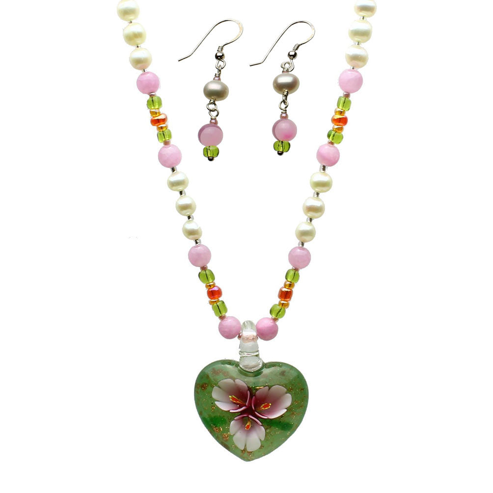 Murano-style Glass Flower Heart Freshwater Cultured Pearl Earrings Necklace 18 inches+2 inches