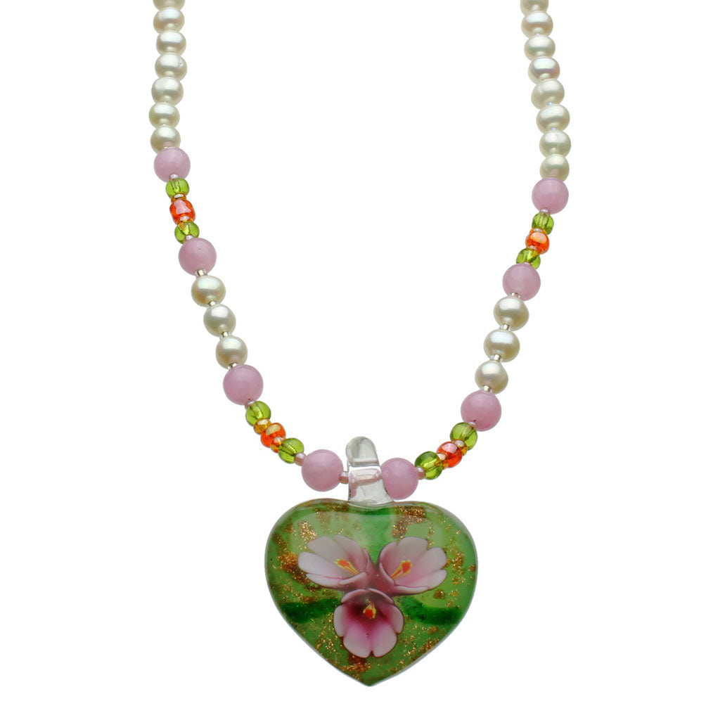 Murano-style Glass Pink Flower Heart Freshwater Cultured Pearl Necklace 18 inches+2 inches