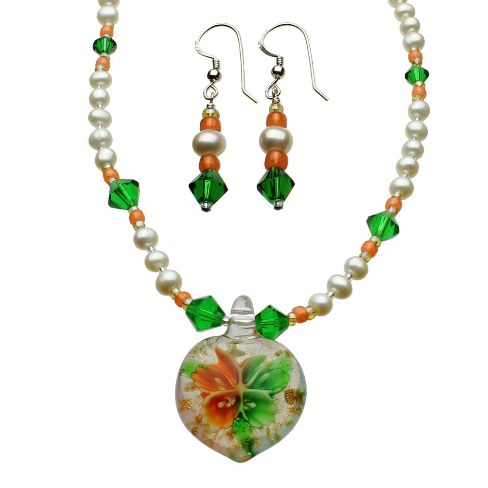 Murano-style Glass Orange Heart Freshwater Cultured Pearl Necklace Earrings 18 inches+2 inches