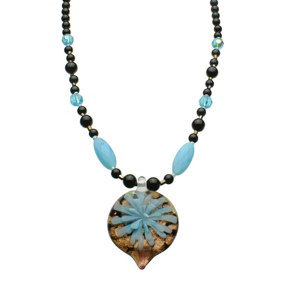 Murano-style Glass Aqua Heart  Black Onyx Stone Sterling Silver Necklace 18 inches+2 inches