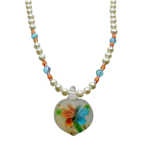 Murano-style Glass Orange Butterfly Heart Freshwater Cultured Pearl Necklace 18 inches+2 inches