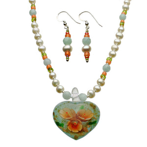 Murano-style Glass Flower Heart Freshwater Cultured Pearl Earrings Necklace 18 inches+2 inches