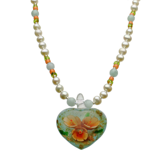 Orange Murano-style Glass Flower Heart Freshwater Cultured Pearl Necklace 18 inches+2 inches