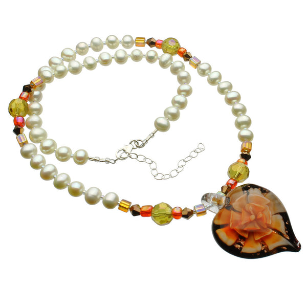 Murano-style Glass Orange Flower Heart Freshwater Cultured Pearl Necklace