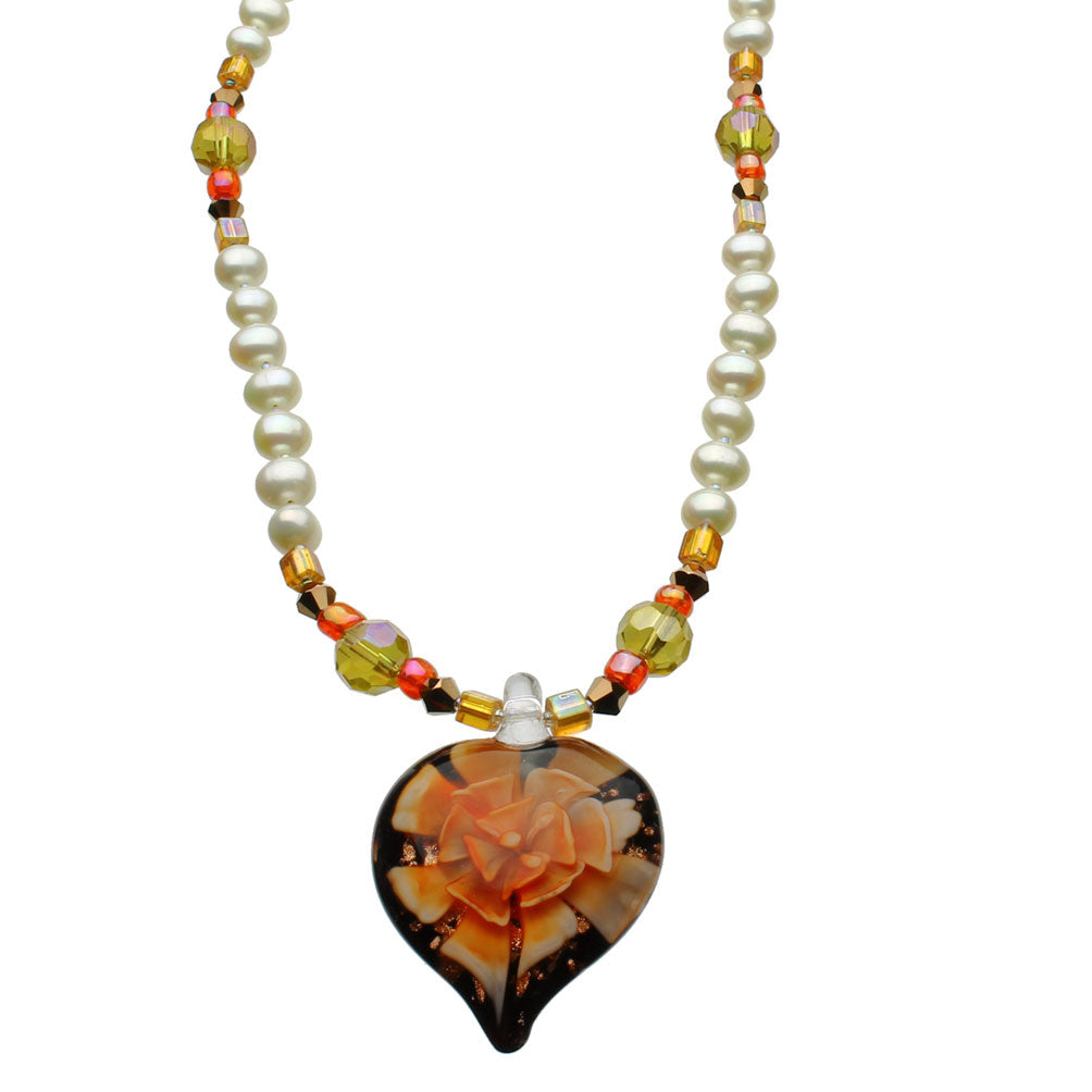Murano-style Glass Orange Flower Heart Freshwater Cultured Pearl Necklace