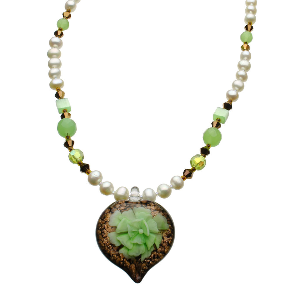 Murano-style Glass Green Flower Heart Freshwater Cultured Pearl Necklace 18 inches+2 inches