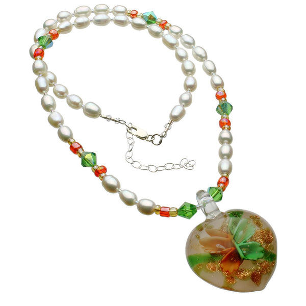 Orange Murano-style Glass Butterfly Heart Freshwater Cultured Pearl Necklace 18 inches+2 inches