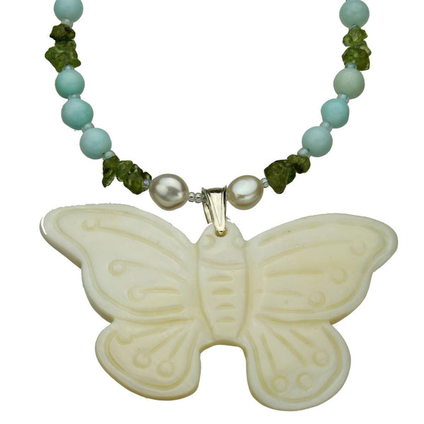 Shell Butterfly Freshwater Cultured Pearls Necklace, 18 inches+2 inches Extender