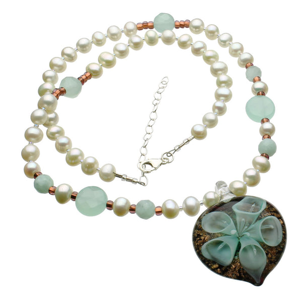 Murano-style Aqua Flower Heart Freshwater Cultured Pearl Necklace 18 inches+2 inches