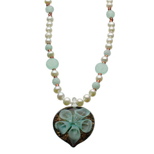 Murano-style Aqua Flower Heart Freshwater Cultured Pearl Necklace 18 inches+2 inches