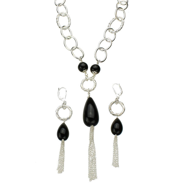 Black Onyx Stone Sterling Silver Tassel Large Link Chain Y-Necklace Earrings 20 inches