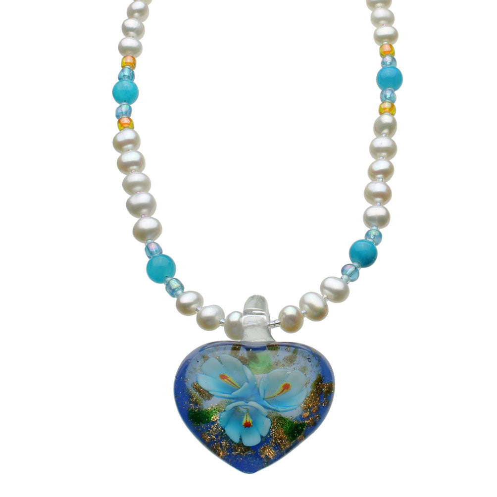 Aqua Murano-style Glass Flower Heart Freshwater Cultured Pearl Necklace 18 inches+2 inches