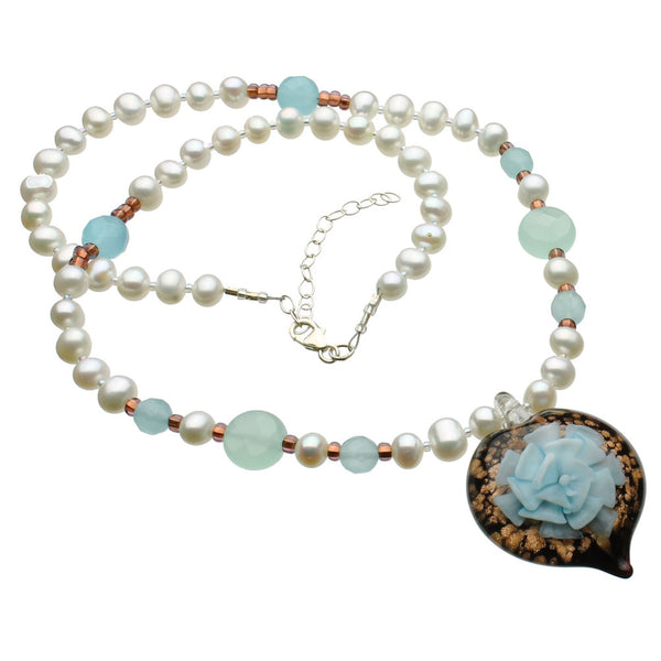 Aqua Murano-style Glass Flower Heart Freshwater Cultured Pearl Necklace