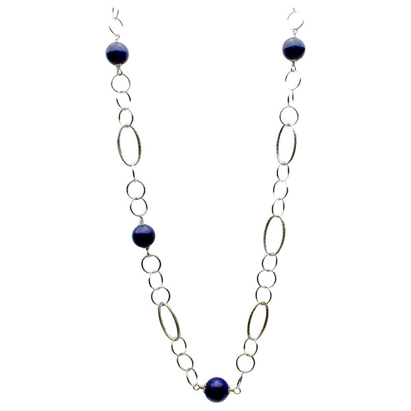Sterling Silver Blue Lapis Stone Large Link Chain Necklace 24 inches