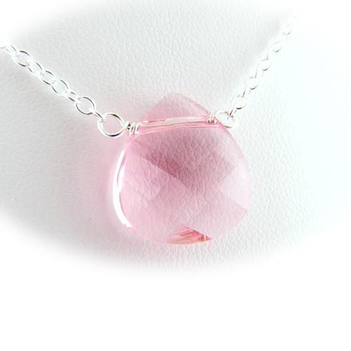 Sterling Silver Cable Chain Necklace Pink Pear Crystal Teardrop