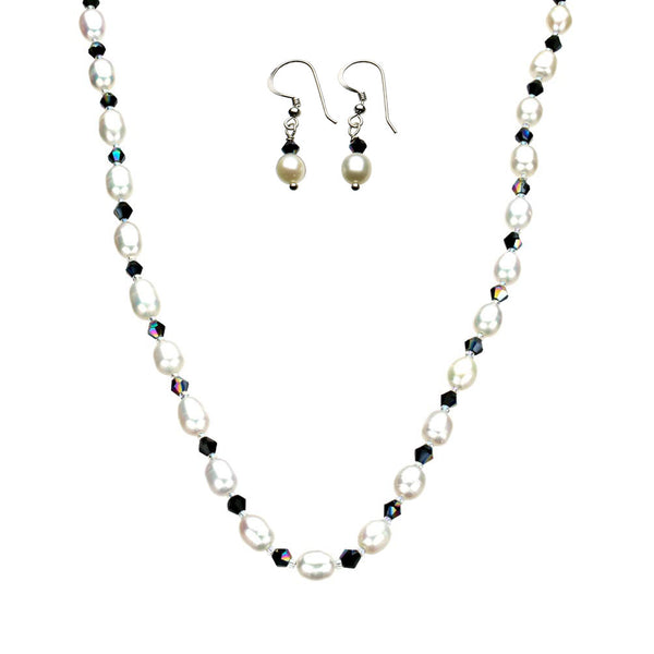 Black Glass Beads Freshwater Cultured Pearls Necklace 16 inches+2 inches Earrings