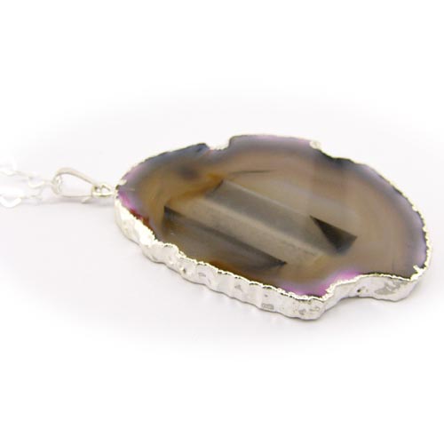 Agate Stone Slice Silvertone Pendant Sterling Silver Heart Chain Necklace, 30 inches