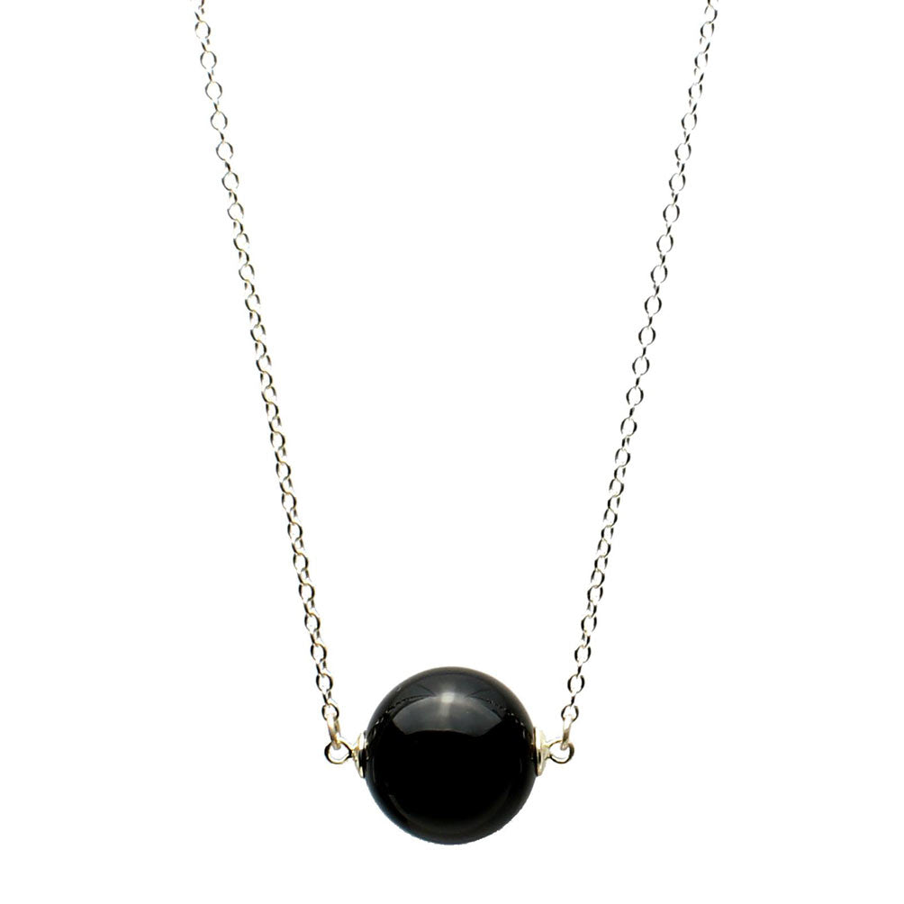 Round Black Onyx Stone Station Sterling Silver Cable Chain Necklace 18 inches