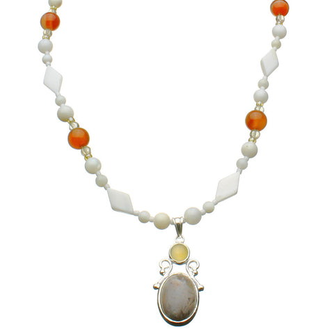 Grey Agate Stone Sterling Silver Focal, Shell, Beads Necklace, 18 inches+2 inches Extender