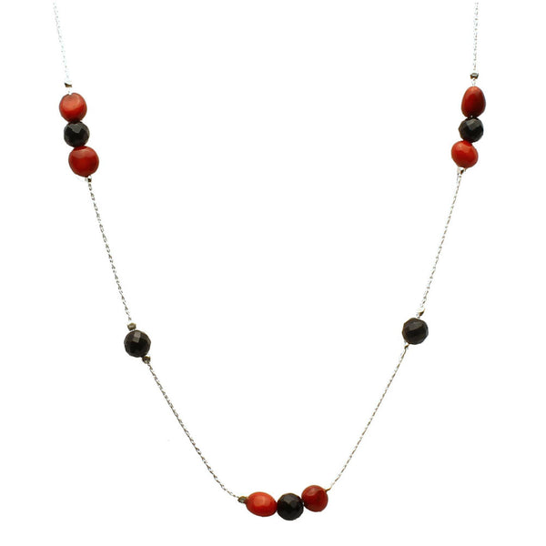 Black Onyx Round Stone Beads Red Bamboo Coral Station Scatter Sterling Silver Chain Necklace Ext