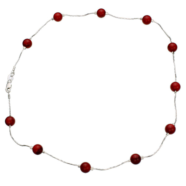 Red Bamboo Coral Beads Station Tin Cup Scatter Sterling Silver Chain Necklace