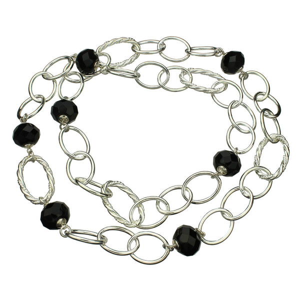 Faceted Black Onyx Stone Beads Sterling Silver Large Link Chain Necklace, 30 inches