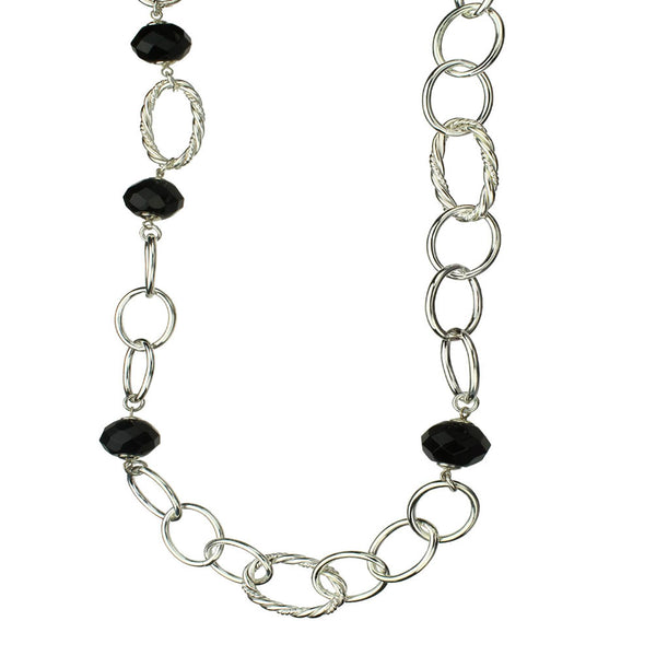 Faceted Black Onyx Stone Beads Sterling Silver Large Link Chain Necklace, 30 inches