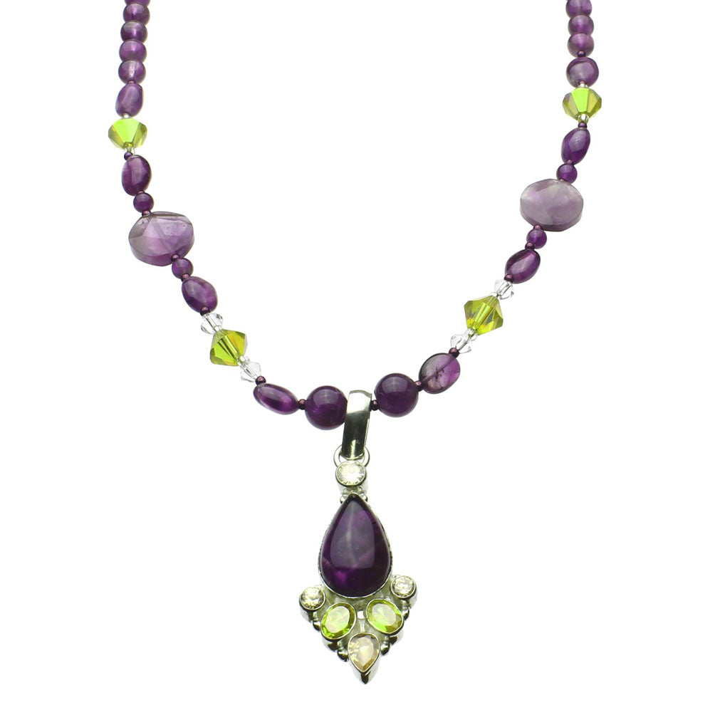 Oval Amethyst Stone Sterling Silver Focal Beads Necklace, 18 inches+2 inches Extender