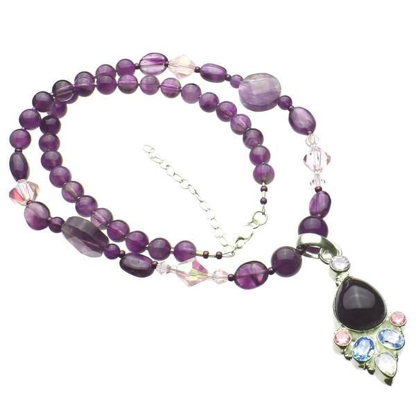 Oval Amethyst Stone Sterling Silver Focal Beads Necklace, 18 inches+2 inches Extender